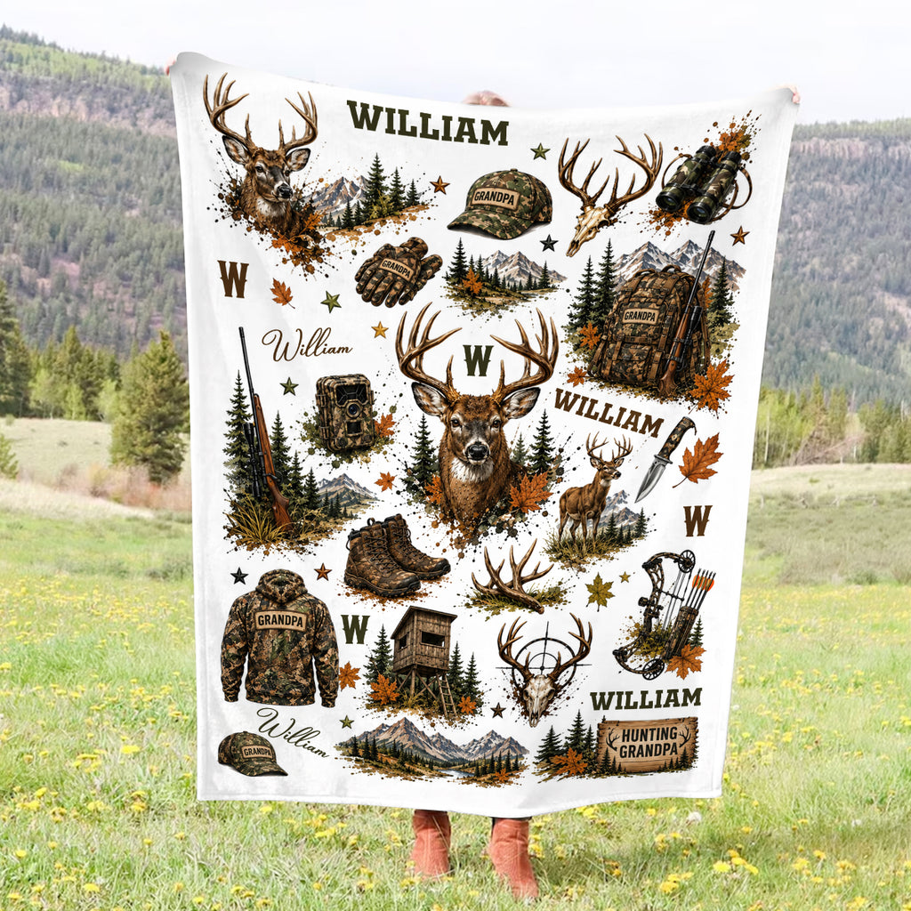 Personalized Hunting Grandpa Blanket, Custom Deer Hunting Throw, Grandpa Hunter Gift, Camo Cabin Decor, Grandpa Christmas Gift
