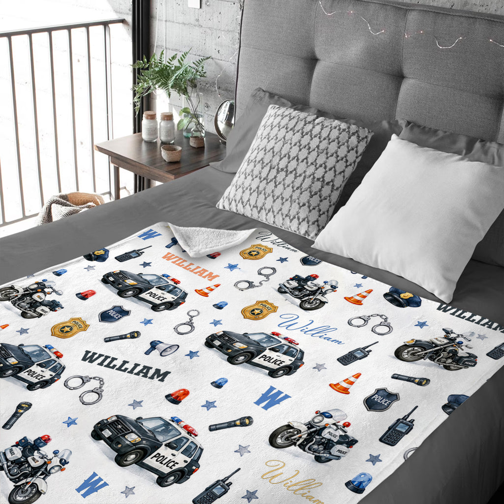 Personalized Police Baby Blanket with Name, Custom Cop Police Car Swaddle, Newborn Boy Gift, Police Officer Nursery Decor