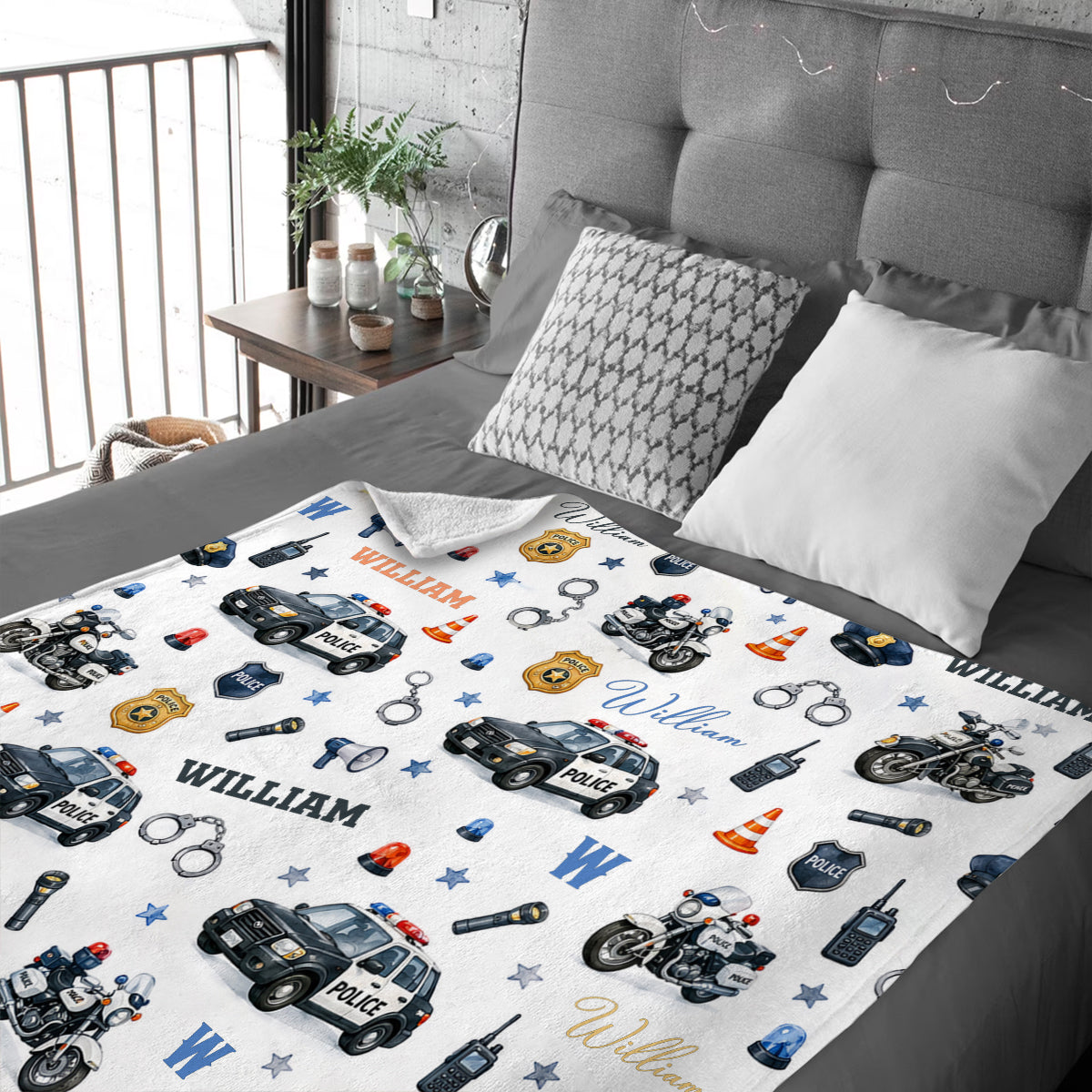 Personalized Police Baby Blanket with Name, Custom Cop Police Car Swaddle, Newborn Boy Gift, Police Officer Nursery Decor