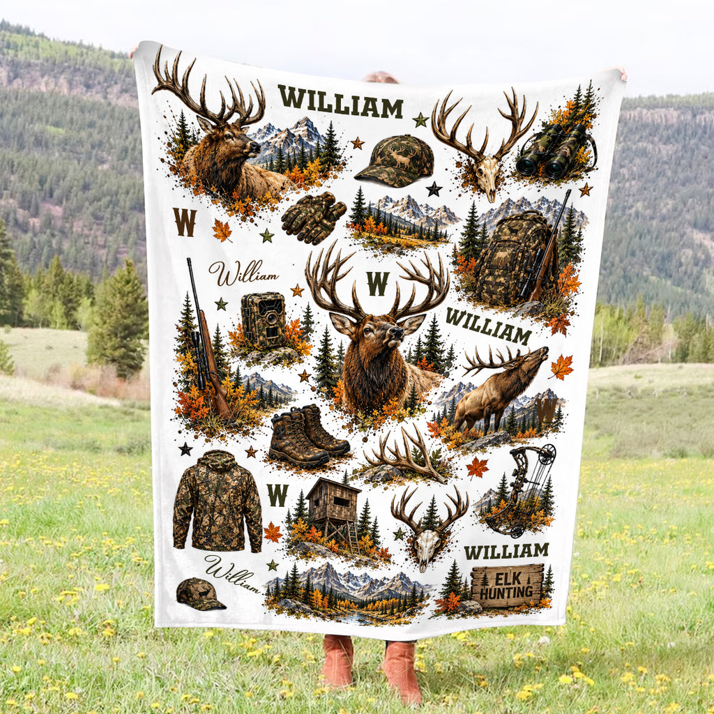 Personalized Elk Hunter Blanket, Elk Hunting Gift, Hunting Gift for Him, Outdoor Cabin Decor, Hunter Christmas Gift