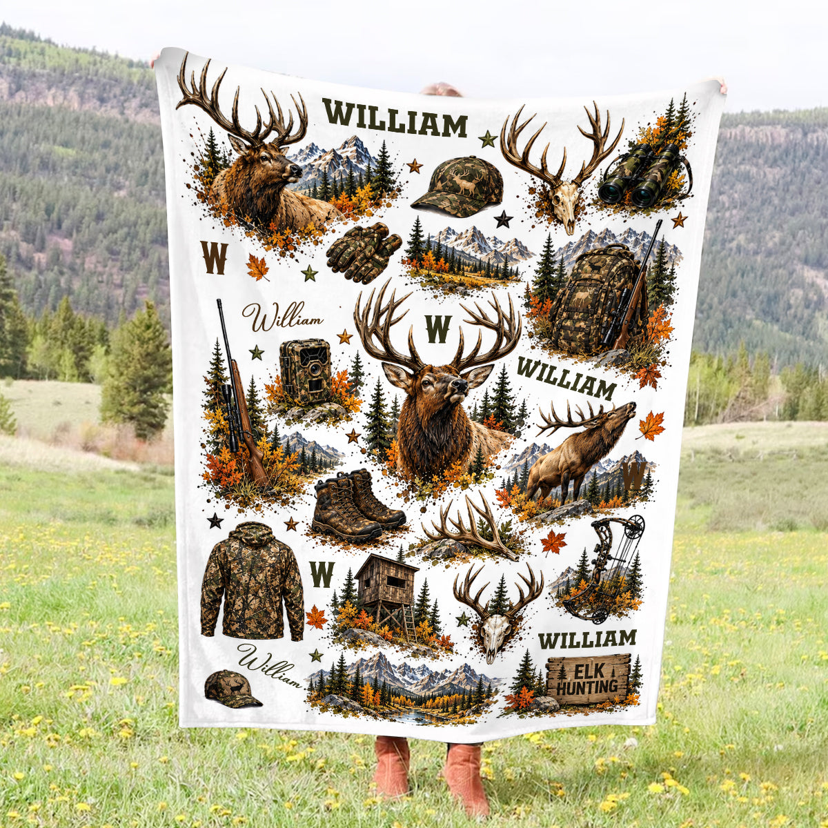 Personalized Elk Hunter Blanket, Elk Hunting Gift, Hunting Gift for Him, Outdoor Cabin Decor, Hunter Christmas Gift