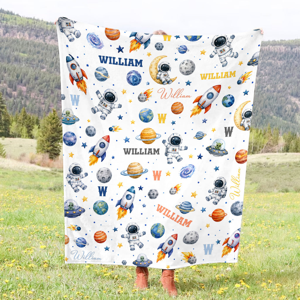 Personalized Space Baby Blanket with Name, Custom Astronaut Blanket for Boy, Rocket Ship Nursery Decor, Galaxy Swaddle