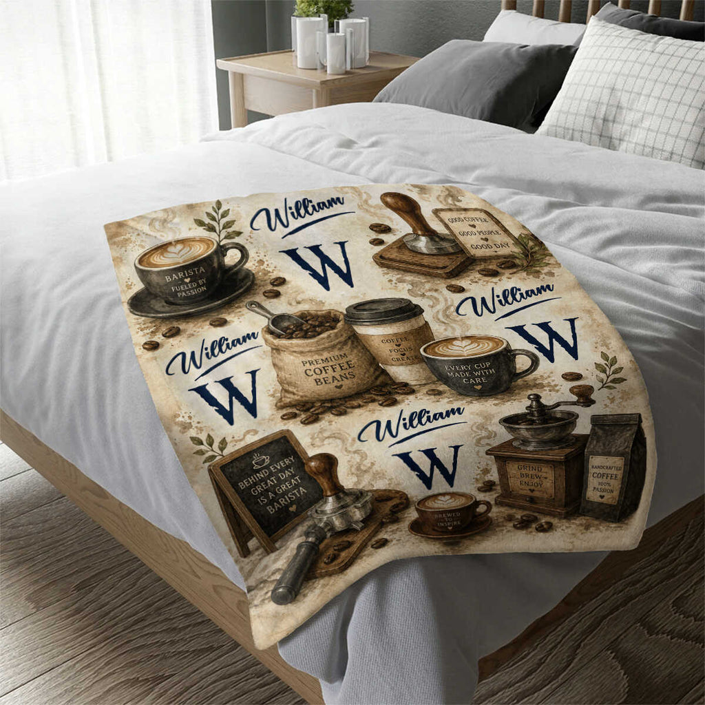 Personalized Barista Blanket, Custom Name Coffee Lover Gift, Barista Gift for Women Men, Coffee Shop Worker Throw, Espresso Lover Graduation Gift
