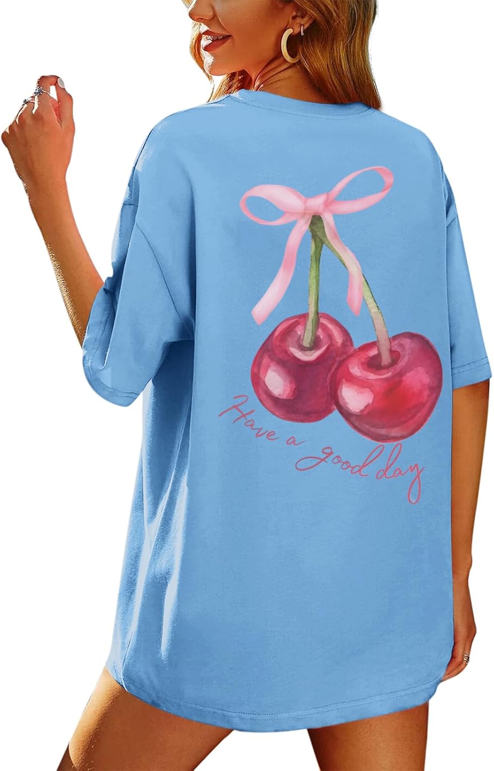 Oversized Graphic Tees for Women Trendy Cherry Printed Shirt Cute Summer Aesthetic Cotton Tshirts Tops for Teens