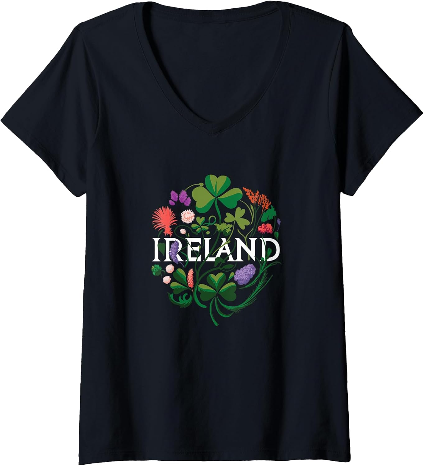 Womens Flowers of Ireland - Vintage Style Minimalist Boho V-Neck T-Shirt