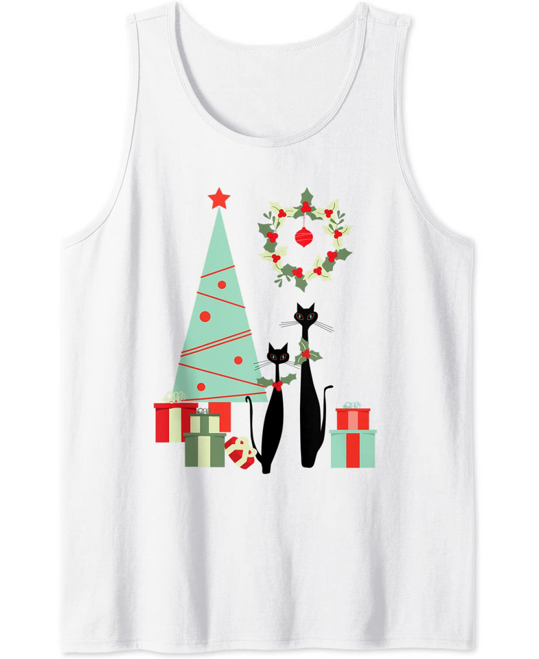 Atomic Era Mid Century Modern Cool Cat Pair Christmas Tree Tank Top