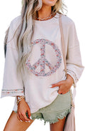 Womens Floral Peace Symbol Drop Shoulder Sweatshirt Oversize Crewneck Casual Pullover (Runs Large, Size Down)