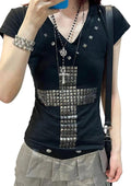 Women’s Y2K Grunge Cross Graphic Tee - Slim Fit Studded V-Neck Short Sleeve Gothic Punk Streetwear T-Shirt