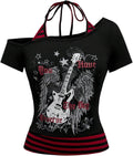Women's Asymmetrical Neck Gothic Tops Grunge Graphic Tees Striped Y2K Slim Fit Halter Tops