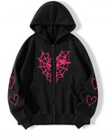Oversized Y2K Zip Up Hoodie for Women Men Gothic Spider Web Heart Graphic Sweatshirt Punk Harajuku Alt Emo Streetwear