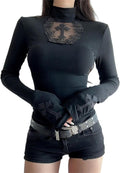 Goth Turtleneck T Shirt for Women Grunge Y2k Vintage Emo Punk Rave Japanese Gothic Long Sleeve Fitted Cute