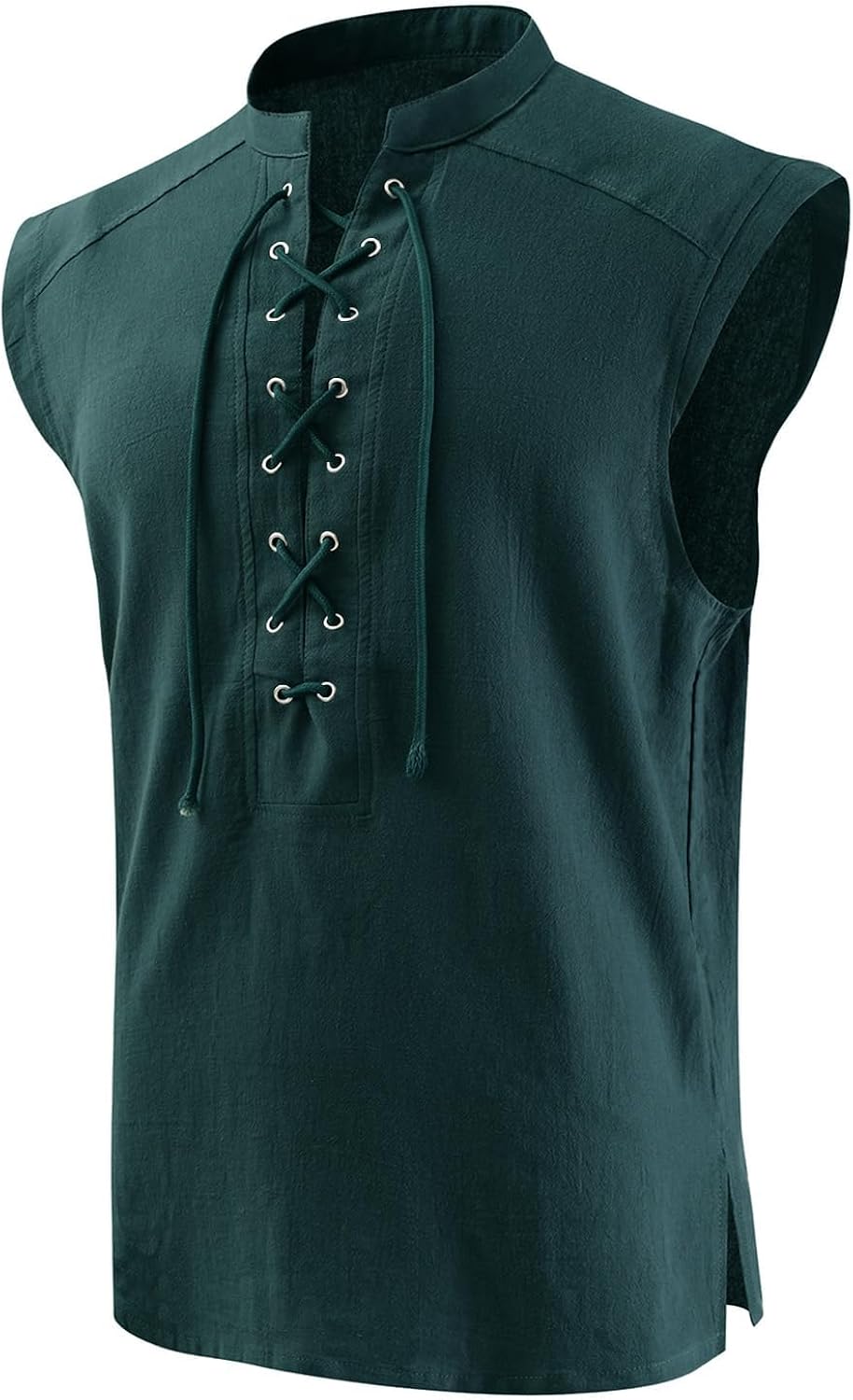 Mens Medieval Pirate Lace-up Sleeveless Shirt, Renaissance Viking Stand Collar Top, Steampunk Gothic Costume Tunic