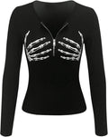 Women's Goth Skeleton Graphic Tee Shirt Zipper Long Sleeve Slim Fit Tops