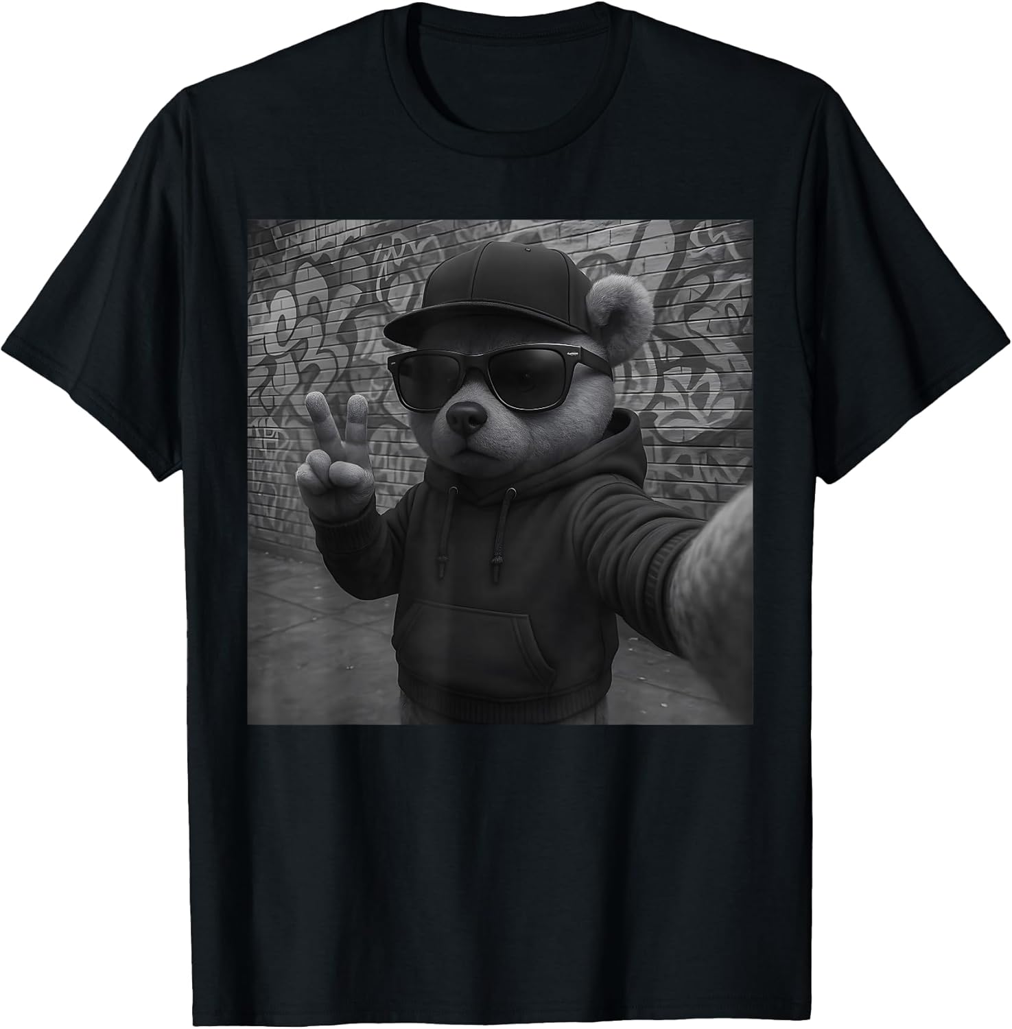 Hip Hop Teddy Bear Selfie Urban Streetwear Peace Sign Rap T-Shirt