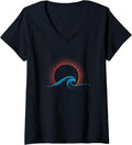 Womens Boho Minimalist Sun Ocean Wave Art Summer Theme V-Neck T-Shirt