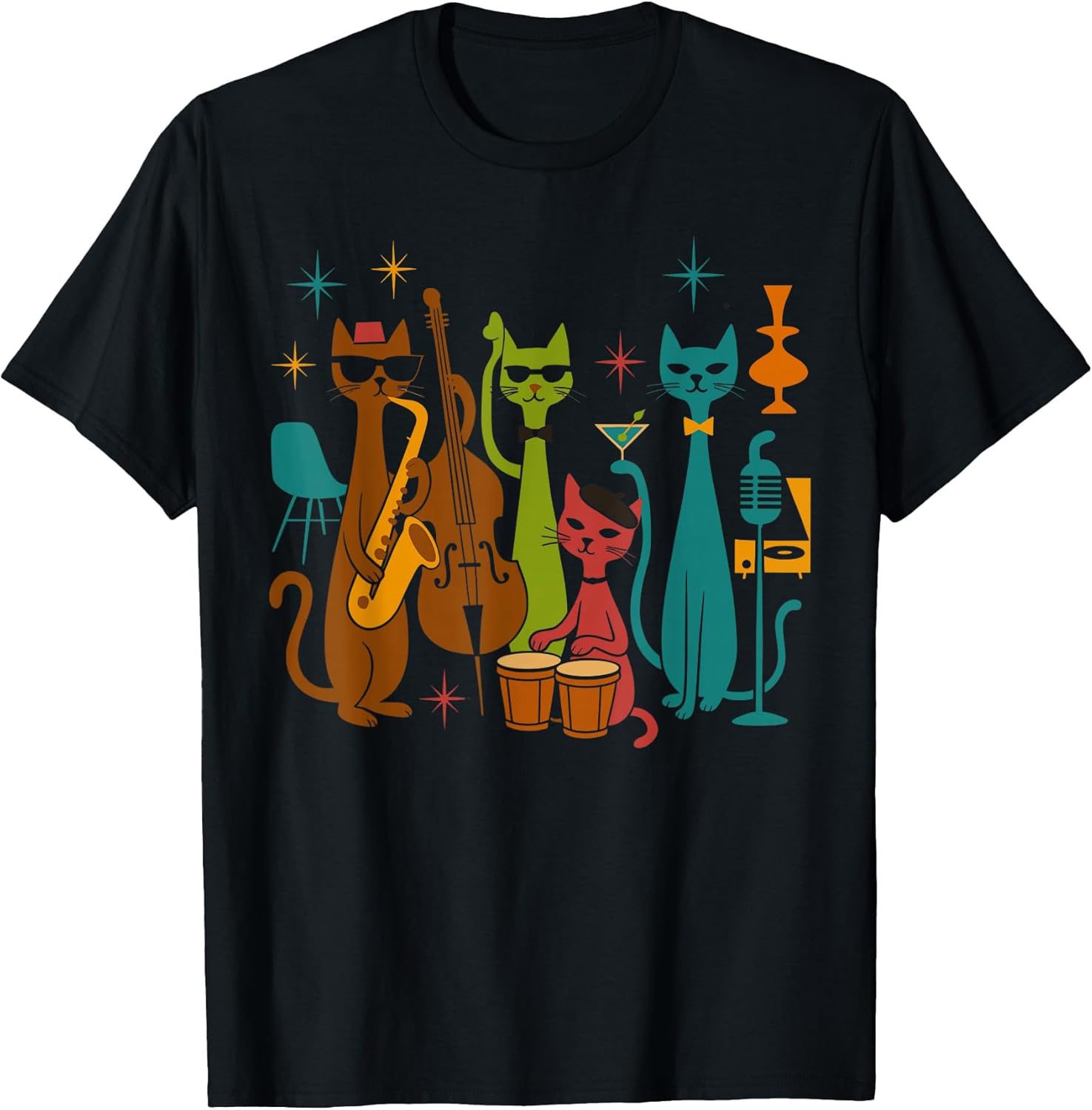 Vintage Mid Century Modern Look Cat Band 50s 60s Style T-Shirt