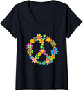 Womens Retro 60s 70s Cute Flower Peace Sign Hippie Symbol Graphic V-Neck T-Shirt