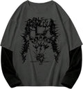 Men's Graphic Tees Y2k Gothic Skull Print Long Sleeve T Shirt 2 in 1 Crewneck Casual Tops Streetwear