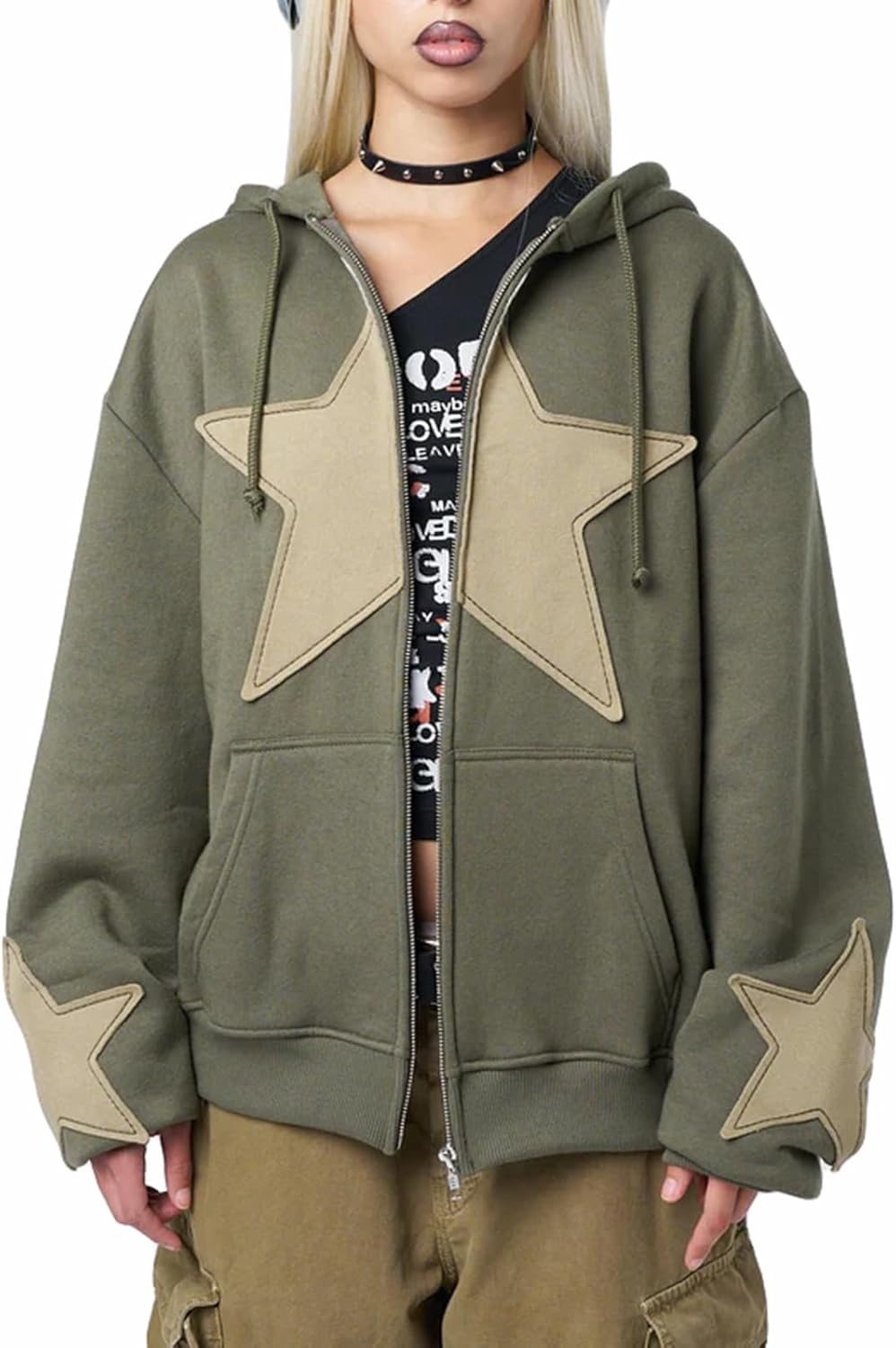 Women Y2k Zip Up Hoodies Star Graphic Long Sleeve Jackets Hip Hop Harajuku Oversized Hooded Sweatshirt