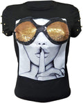 Womens Short Sleeve T-Shirt Sequined Tops O-Neck Funny Graphic Tees Blouse