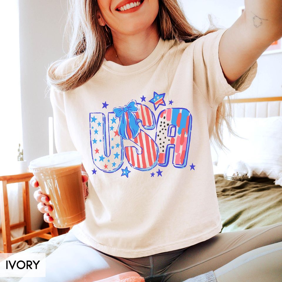 USA July 4th Boxy Tee, Cute American Stars & Stripes Women's Boxy Tee