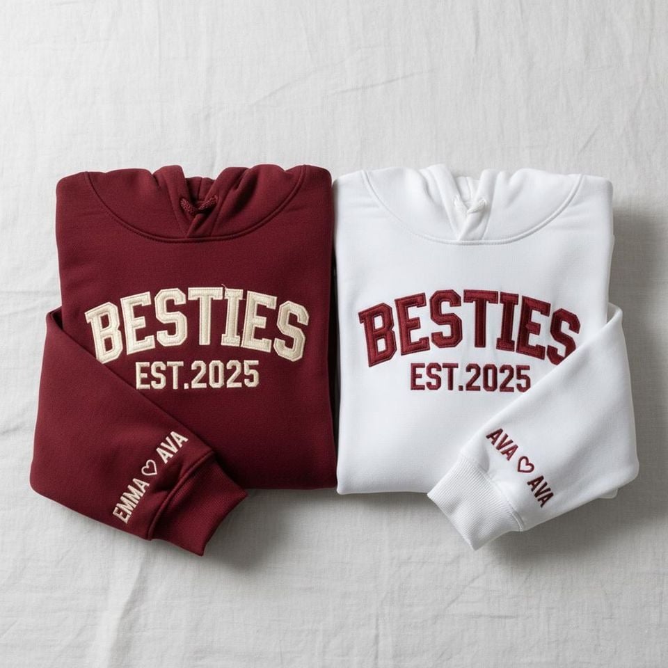 Besties Est. Year Embroidered Sweatshirt, Matching Best Friend Hoodie, Custom Sleeve Name Bestie T-shirt, College Style Crewneck