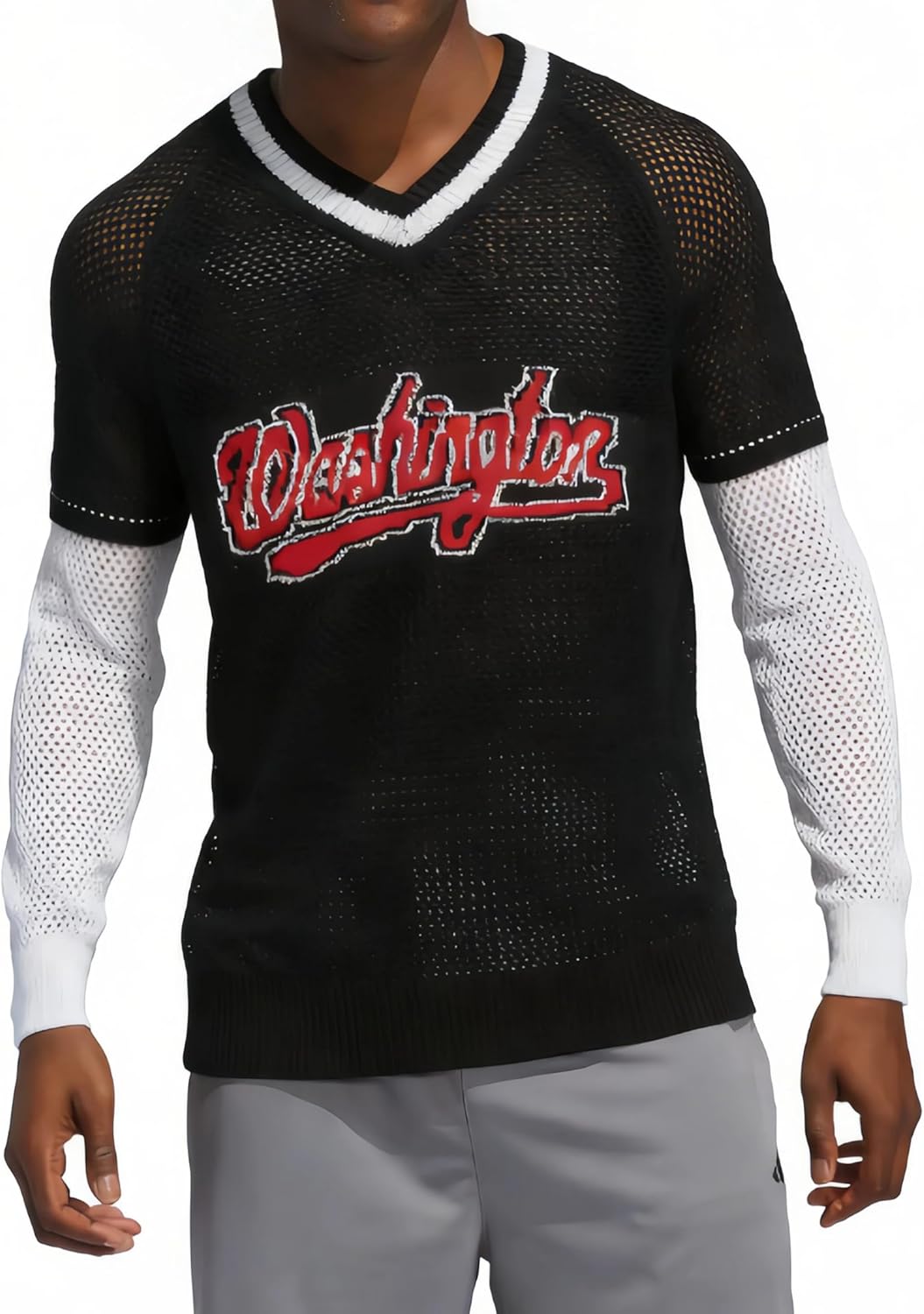 Men's Fake Two-Piece Long Sleeve Shirts, Breathable Mesh, Vintage Urban Letter Print, Street Casual Sportswear for Youth