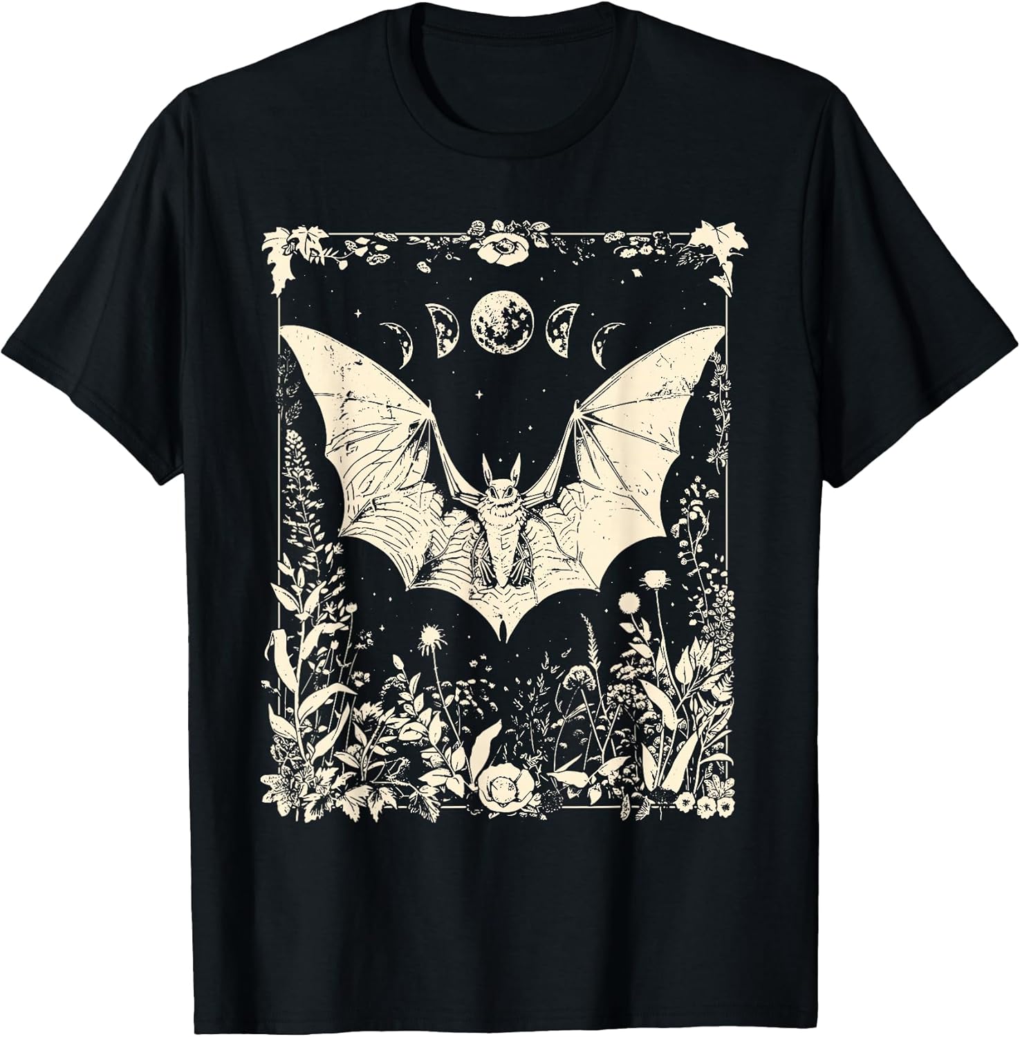 Cottagecore Floral Bat Moon Phase Gothic Spooky Halloween T-Shirt