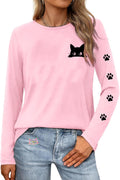 Cat Long-Sleeve T-Shirt for Women Peeping Cat Mom Pet Lover Paw Graphic Pullover Top