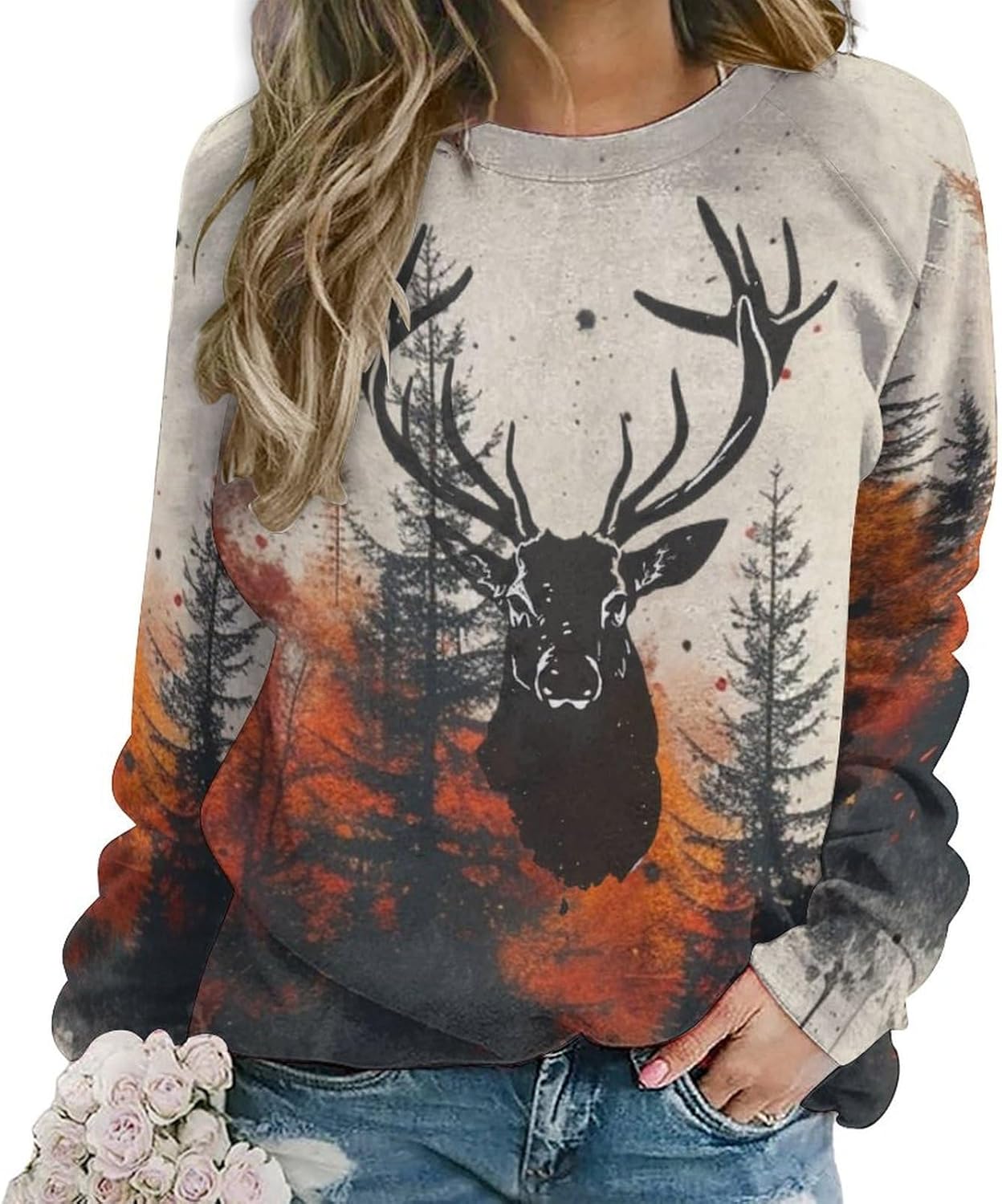 Womens Moose Forest Sweatshirts Fall Fashion Long Sleeve Crewneck Pullover Tops Vintage Deer Graphic Shirts Oversized