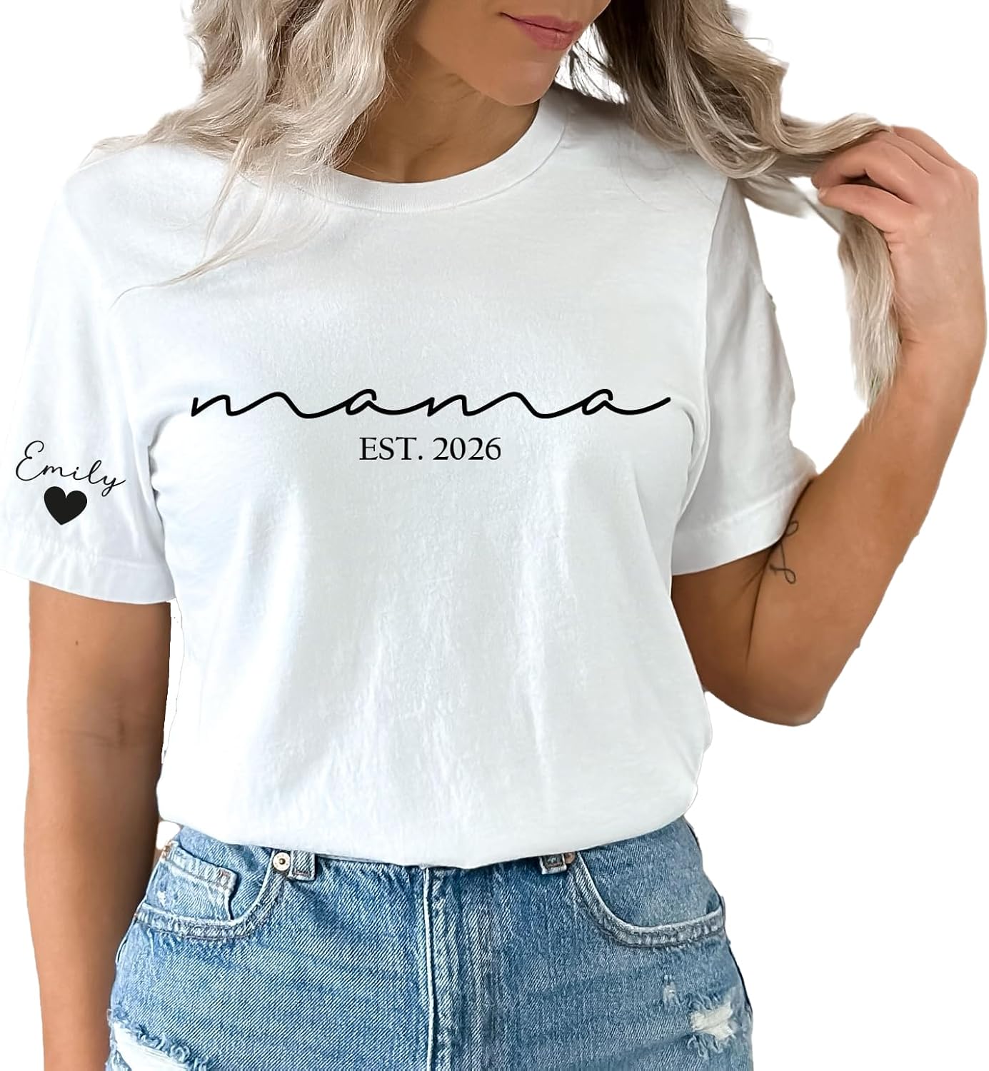 Custom Mama Shirt with Kids Names on Sleeve Personalized Mom Tshirt Mothers Day T Shirt Birthday Shirt for Mom Est 2026 for Her Plus Size Tees Mommy Tshirts Women Multicolor