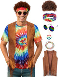Hippie Costume for Men 60s 70s Outfits for Men Tie Dye Shirt Set Fringe Carnival Vest Wig Tie Dye Headband for party