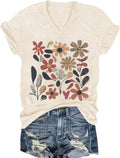 Womens V-Neck T-Shirt Flower Graphic Tees Summer Fashion Boho Tops Tshirts Loose Casual Wildflower Beach T Shirts