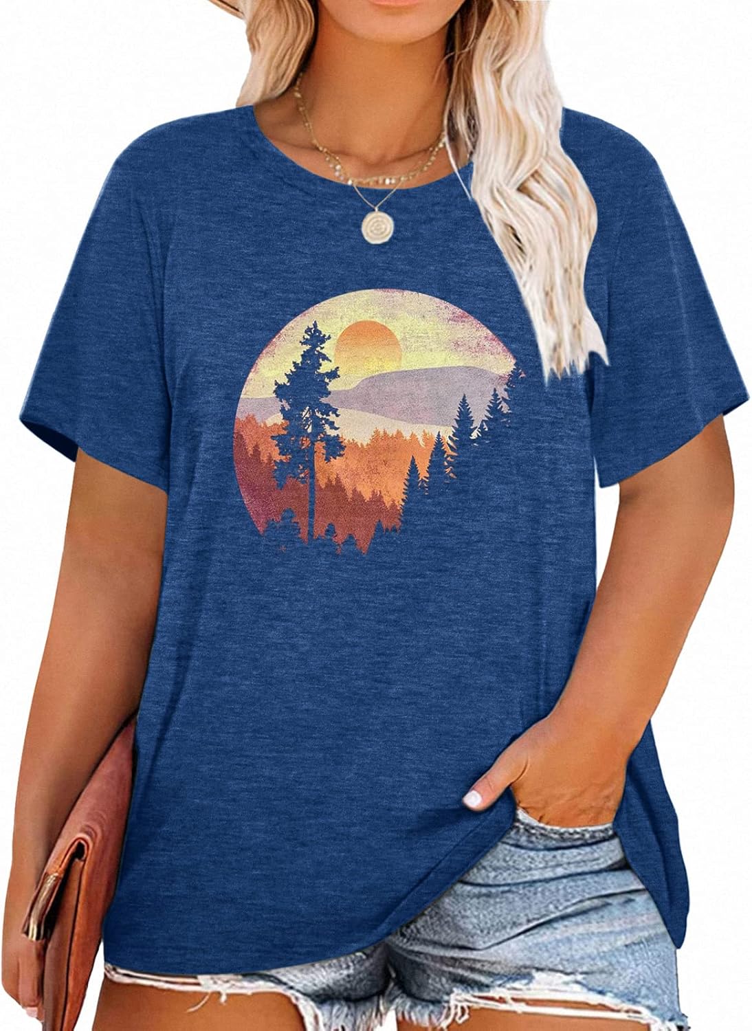 Plus Size Tops for Women Cute Vintage Graphic Tee Sunrise Camping Funny Print Casual Nature Travel Shirt