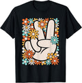Hippie Peace Hand Sign Groovy Flower 60s 70s Men Women Kids T-Shirt