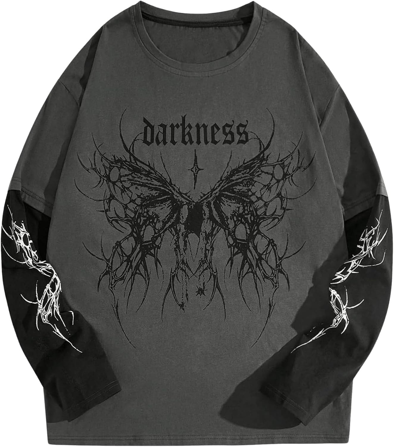 Men's Gothic Punk Graphic Tees Grunge Long Sleeve Crew Neck Loose Fit 2 in 1 T Shirts Streetwear