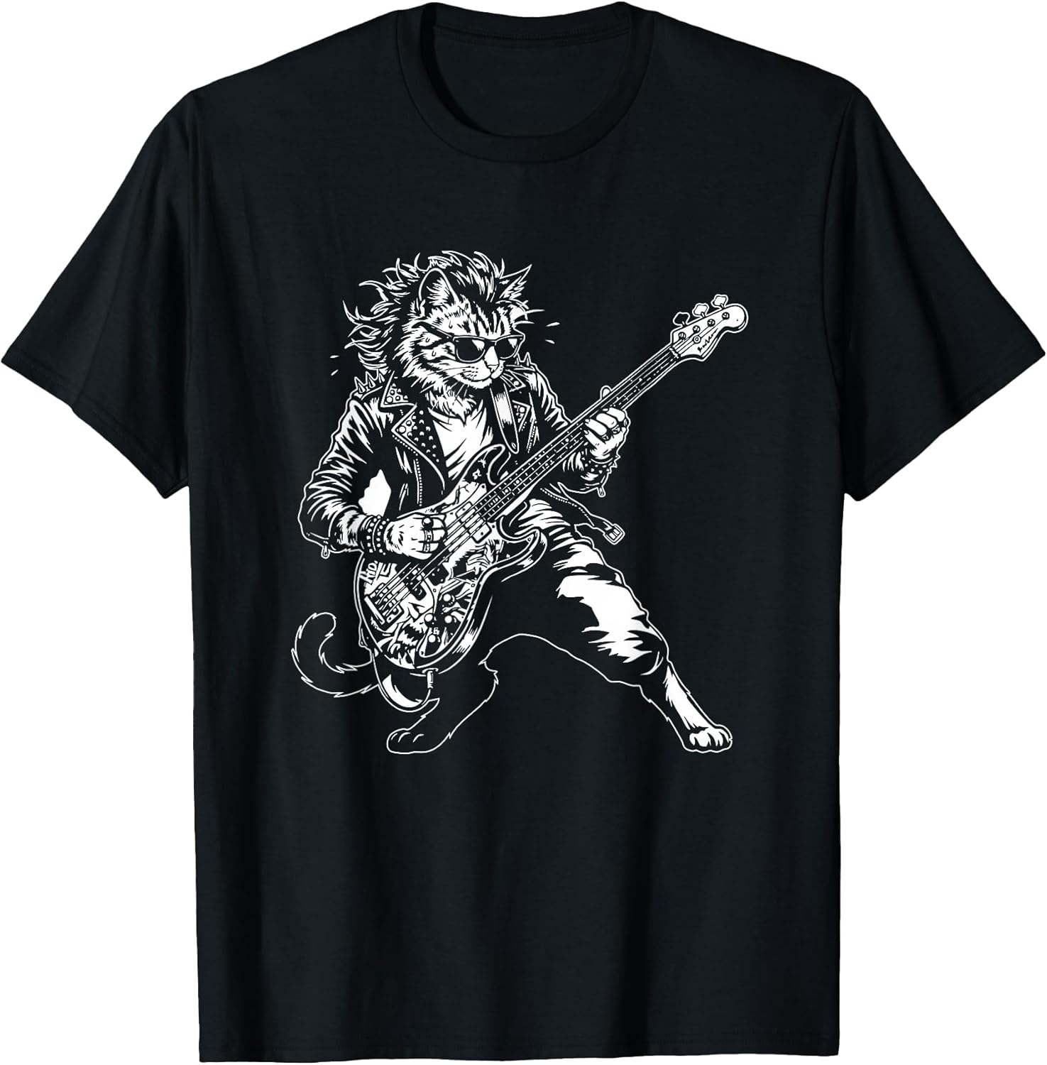 Punk Rock Cat Playing Bass Guitar Cool Musician Graphic T-Shirt