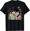 Floral Black Cat Sleeping On Books T-Shirt