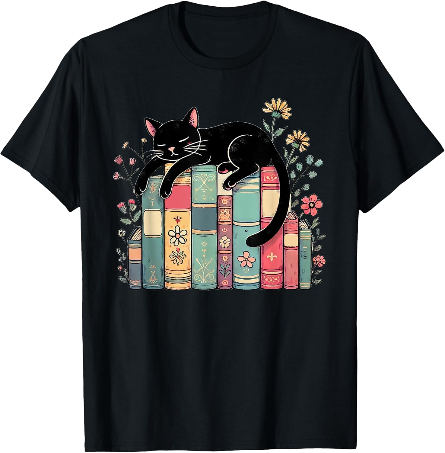 Floral Black Cat Sleeping On Books T-Shirt