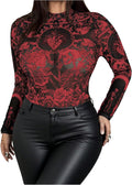 Women's Plus Size Gothic Sheer Mesh Graphic Tees Long Sleeve Mock Neck See Through T Shirt Y2k Punk Going Out Top