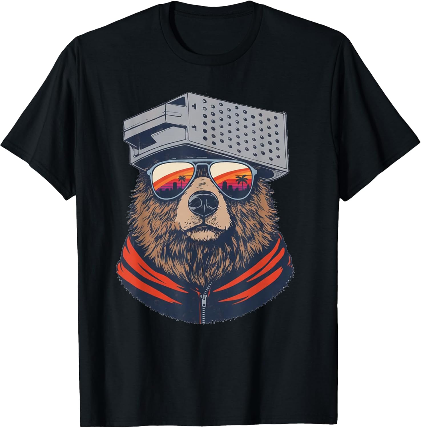 Retro Bear with Cheese Grater Hat and Sunglasses Sunset Art T-Shirt
