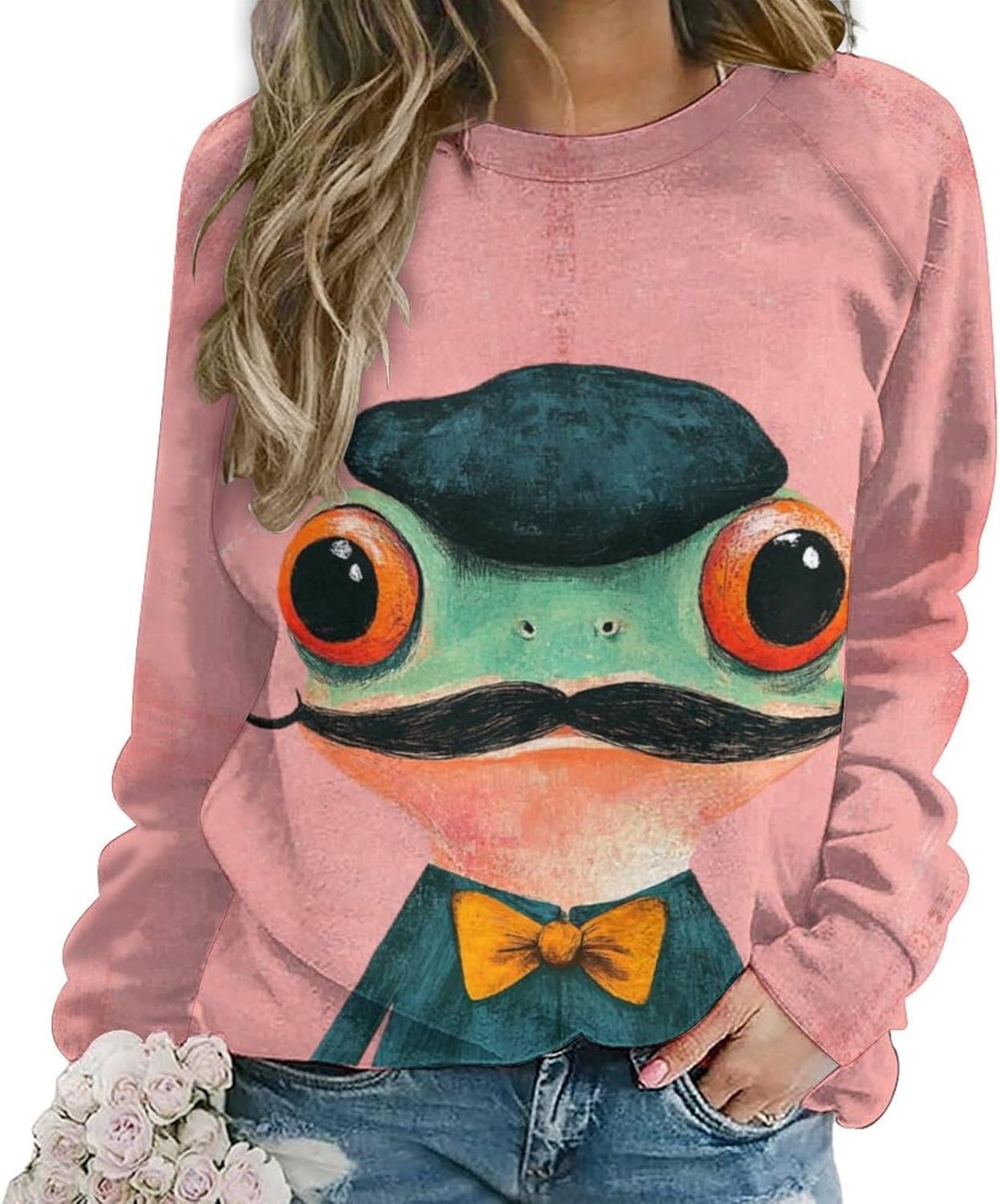 Women's Abstract Frog Sweatshirts Fall 3D Graphic Crewneck Long Sleeve T Shirts Retro Casual Pullover Tops Oversized