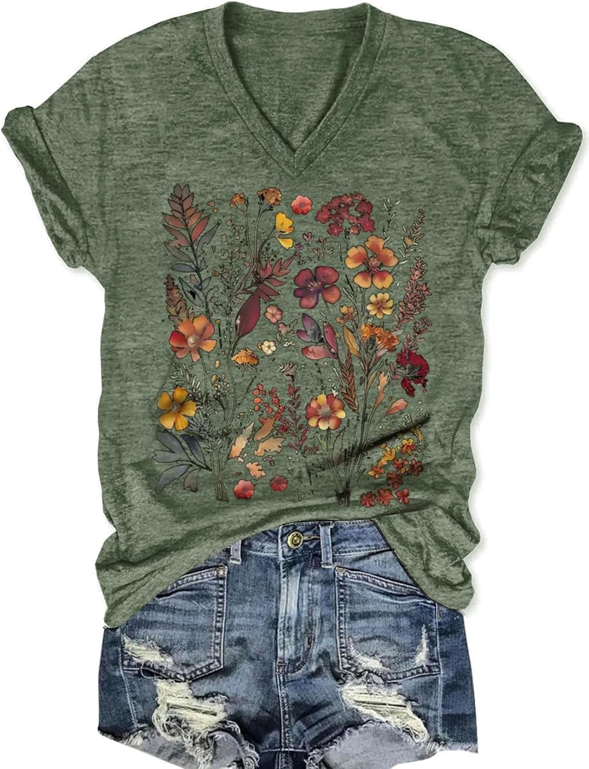 Vintage Flowers V Neck Shirt for Women Boho Floral Wildflowers Graphic Tee Casual Summer Vacation Beach Short Sleeve T Shirt