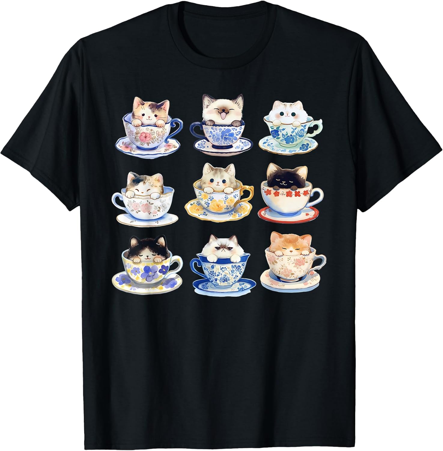 Watercolor Cute Kitten On Teacups Cat Lover Aesthetic Floral T-Shirt