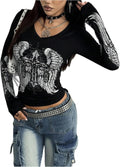 Women's Y2k Gothic Graphic Tees V Neck Long Sleeve T Shirt Going Out Tops Punk Streetwear Alternative Clothes