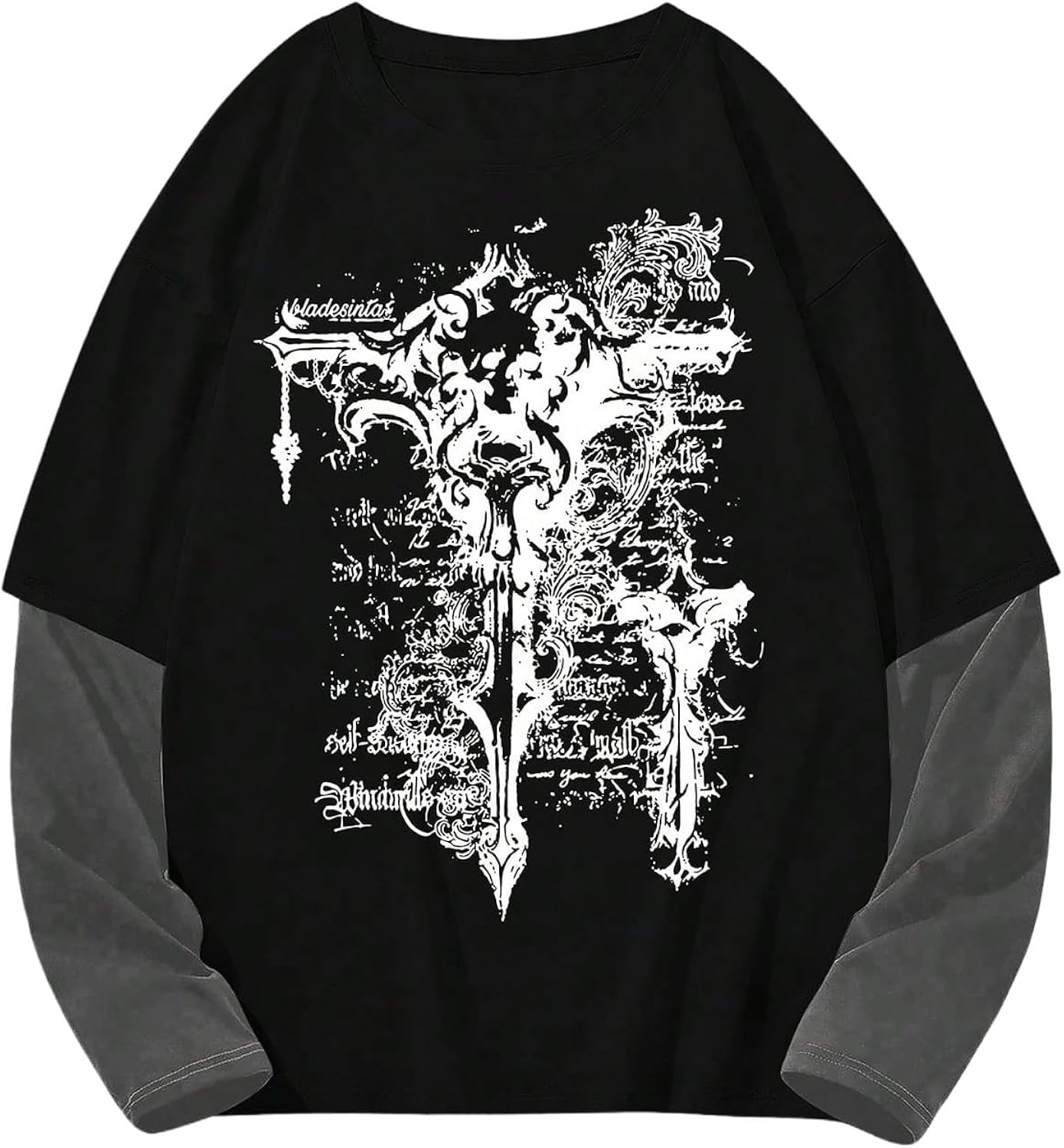 Men's Graphic Tees Y2K Gothic Tops Long Sleeve Crewneck Color Block 2 in 1 T Shirt Vintage Streetwear Clothes
