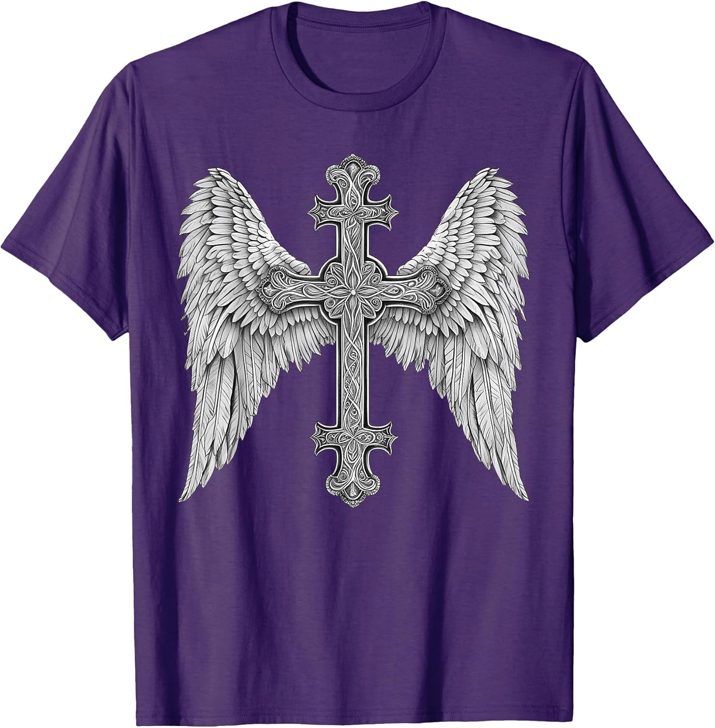 Gothic Cross and Angle Wings Graphic Punk Style Mens Womens T-Shirt