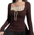 Women's Y2K Knitted Tops Long Sleeve Square Neck Lace Slim Fit Tops Fairy Grunge Shirt Aesthetic Clothes