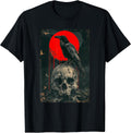 Red Moon Black Gothic Raven Skull Graphic Black Crow T-Shirt