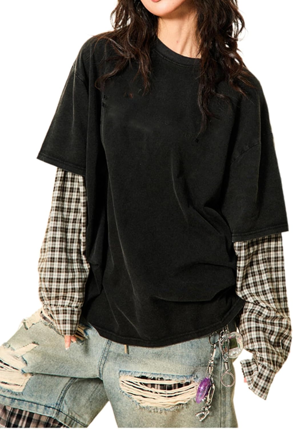 Harajuku Oversized Striped Shirts Y2K Grunge Clothes Crew Neck Emo Scene Clothes Streetwear Baggy Shirt Pullover